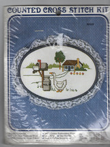 VTG New Berlin Counted Cross Stitch Kit Lace Trimmed Hoop Farm Cottage Country  - £18.56 GBP