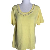 Quacker Factory Beaded Short Sleeve Sweater M Yellow Stretch Knit Pullover - $27.84