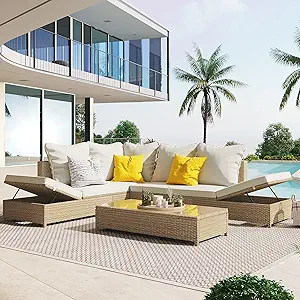 , All-Weather Pe Rattan Conversation Sectional Sofa With Adjustable Chai... - £756.84 GBP