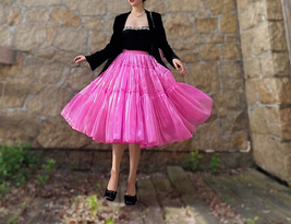 Hot Pink Fluffy Satin Maxi Skirt Women Custom Plus Size Tiered Satin Party Skirt image 7