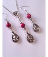 Variscite silver Victorian jewelry set pink fuchsia silver teardrop Vari... - €45,13 EUR