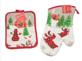 Festive Winter Holiday Set of Matching Oven Mitt and Pot Holder CLOSEOUT - £10.95 GBP