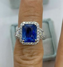 3Ct Simulated Blue Sapphire Halo Engagement Ring 14K White Gold Plated Silver - £95.54 GBP