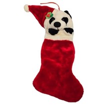 Vintage Plush Panda Bear Christmas Stocking Black White Stuffed Animal Head 21&quot; - £18.65 GBP