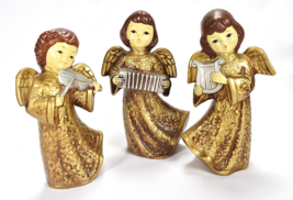 Vintage Set Of 3 Holiday Paper Mache Gold Musical Angels Christmas Figur... - £42.82 GBP