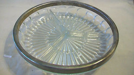 VINTAGE GLASS SERVING PLATE WITH SILVERPLATE RIM, 3 DIVIDERS, STARBURST ... - $47.50