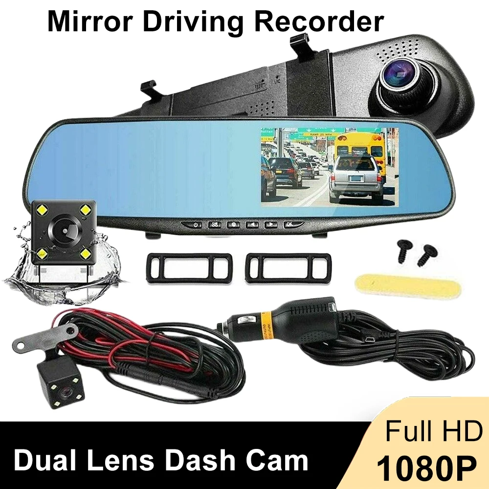 4.3&#39;&#39; Dash Cam Car DVR Dual Lens HD 1080P Rearview Mirror Driving Recorder 24H - £33.10 GBP+