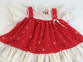 Vintage Toddle Time Dress Size S 9 Months Red  White Lace Bows Floral Print FLAW - £15.57 GBP