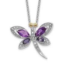 Sterling Silver 14K Accent Rhodium Amethyst Iolite Diamond Dragonfly Necklace - £88.50 GBP