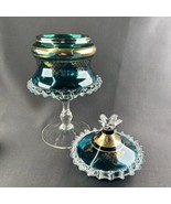 Vintage Blue Glass Footed Covered Candy Dish Gilt Rigaree Compote Large 12&quot; - $78.21