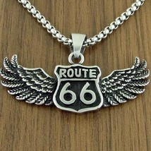 Men&#39;s Route 66 w. Wings Pendant Necklace Motorcycle Punk Biker Jewelry Chain 24&quot; - £9.45 GBP