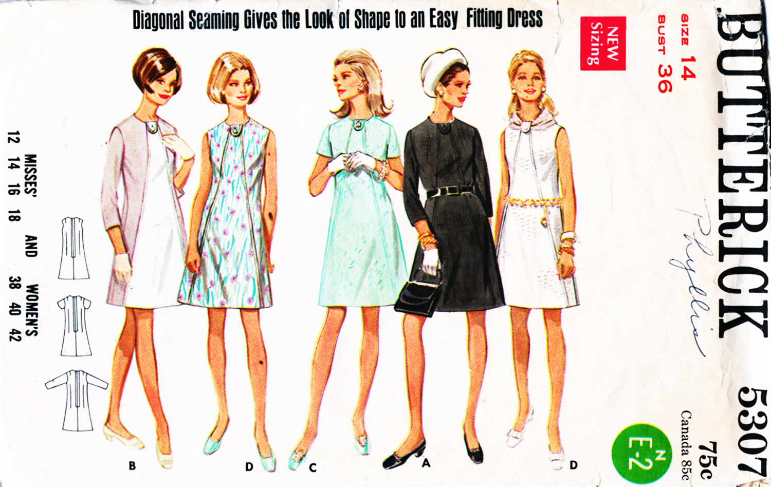 Primary image for Misses' A-LINE DRESS Vintage 1960's/70's Butterick Pattern 5307 Size 14/36 UNCUT