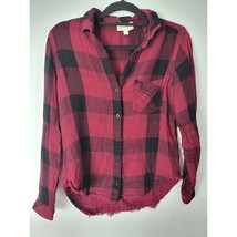 Cloth &amp; Stone Button Front Top Sm Womens Long Sleeve Raw Hem Plaid Red Black - £14.86 GBP