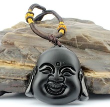 natural Obsidian stone Hand carved black buddha charm  pendant necklace - $16.82