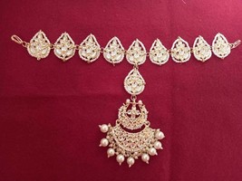 Gold Plated Indian Bollywood Style Kundan sheesh full Head Band Hair Jewelry Set - £28.84 GBP
