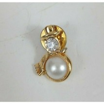 Vintage Gold Tone  Christmas Jeweled &amp; Faux Pearl Snowman Lapel Hat Pin - £4.18 GBP
