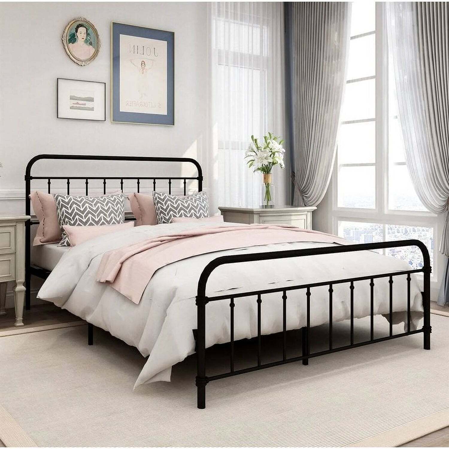 Queen Size Black Metal Bed Frame With Rounded Headboard Item image 2