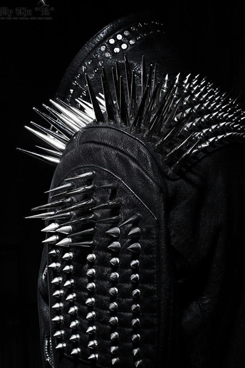 HANDMADE Mens Full Black Punk Silver Long Spiked Studded Leather Buttons Up Jack