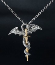 Dragon And Sword  Necklace - Silver &amp; Gold Gothic Jewellery - £9.92 GBP