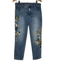 Chico&#39;s So Slimming Girlfriend Ankle Jeans Floral Embroidered Blue Size 10R - £20.19 GBP