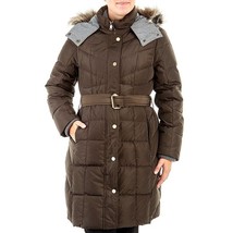 New London Fog Brown Down Feather Long Faux Fur Hooded Belted Coat Size Xl - £103.66 GBP