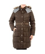 NEW LONDON FOG BROWN DOWN FEATHER LONG FAUX FUR HOODED BELTED COAT SIZE XL - $134.77
