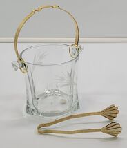 MM) Vintage Etched Flower Wheat Stem Clear Glass Ice Bowl Gold Tone Tong... - $9.89