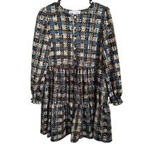 Emma &amp; Michele Dress Large Abstract Plaid Brown Tan Blue Polyester Fit a... - £10.65 GBP