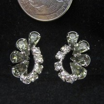 Vintage Smokey Gray Teardrop Crystal Clear Rhinestone Silver Clip On Earrings - £12.45 GBP