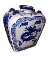 Asian Cobalt Blue &amp; White Large Rectangular Vase - Dragon Motif - with H... - €473,57 EUR