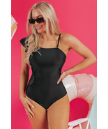 Black Asymmetric Ruffle Shoulder Pleated One Piece Swimsuit - $13.77
