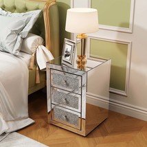 3-Drawer Mirrored Nightstand - Silver Glass Bedside Accent End Table - $382.00 CAD