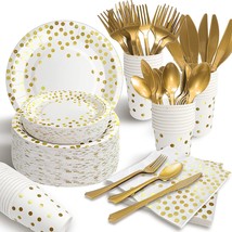 350Pcs White And Gold Party Supplies, Severs 50 Disposable Gold Paper Plates Par - £55.94 GBP