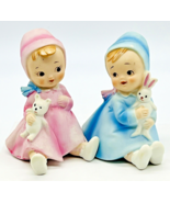 Lefton Figurines Baby Blue Bunny Pink Bunny Teddy Bear KW 3120 Vintage 1... - $33.65