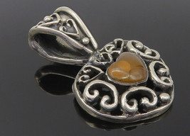MEXICO 925 Sterling Silver - Vintage Amber Love Heart Drop Pendant - PT8560 - £39.93 GBP