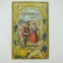 Thanksgiving Postcard Man &amp; Woman Pilgrims Fruit Harvest Embossed Antique 1910 - £7.82 GBP