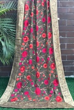 Olive Green Georgette Dupatta &amp; Floral Thread Embroidery &amp; Banarasi Border D21 - £31.45 GBP