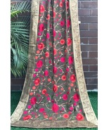 Olive Green Georgette Dupatta & Floral Thread Embroidery & Banarasi Border D21 - $39.99