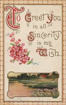 Vintage Postcard Pink Flowers Cottage To Greet You In All Sincerity 1913 - £7.15 GBP