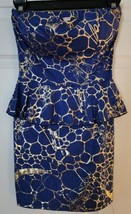 NWOT Eien Blue Gold Foil Sweetheart Sleeveless Peplum Dress Size Small - £39.05 GBP