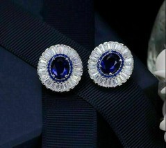 4Ct  Simulated Sapphire Diamond Halo Stud Earrings 14K White Gold Plated Silver - £66.47 GBP