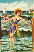 At The Beach Sexy Bathing Beauty Enjoying the Waves Lighthouse Sail Boats Print - £19.41 GBP