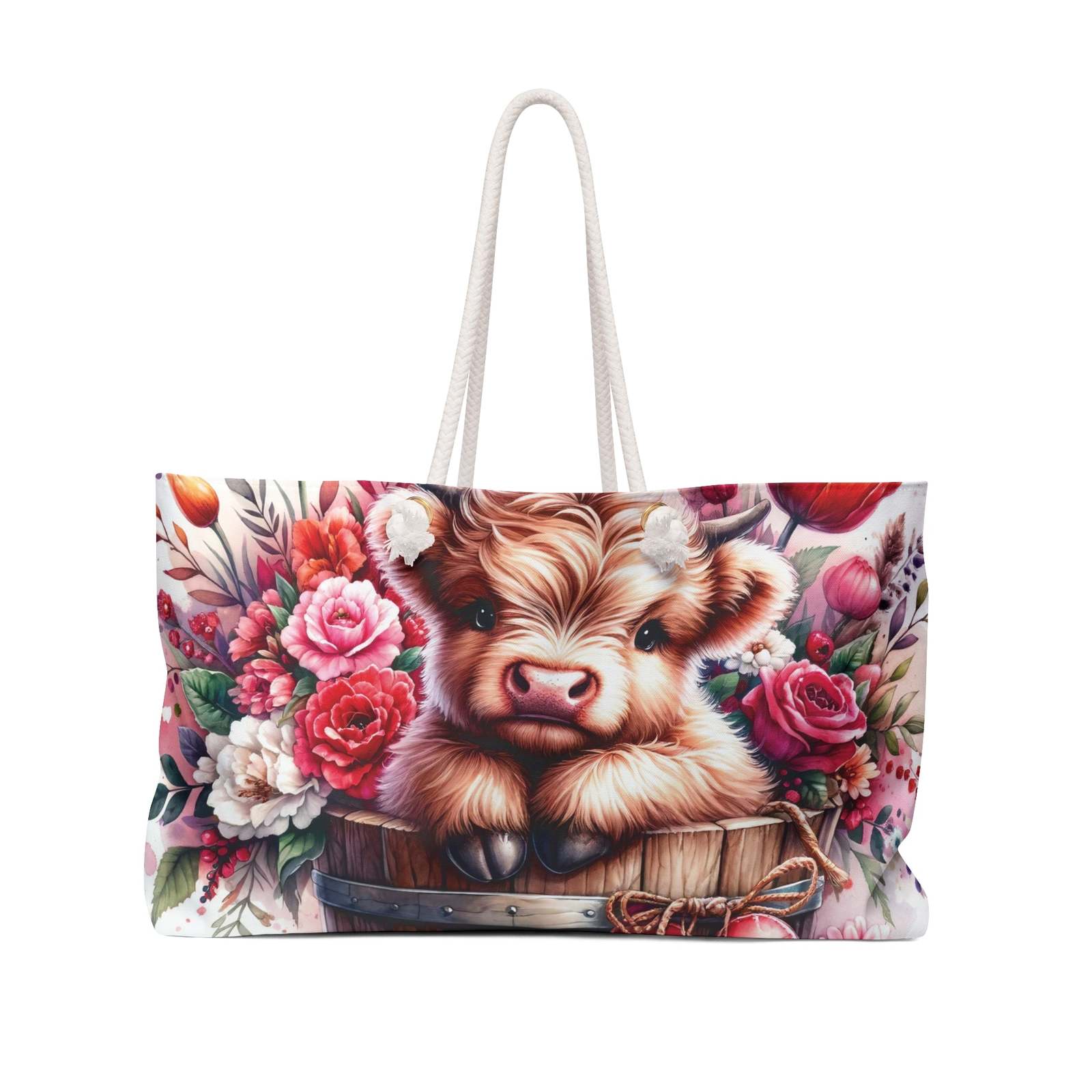 Primary image for Personalised/Non-Personalised Weekender Bag, Highland Cow, Pink and Red Roses, L