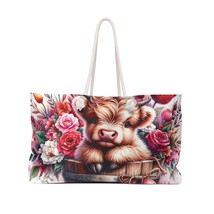 Personalised/Non-Personalised Weekender Bag, Highland Cow, Pink and Red Roses, L - £38.63 GBP
