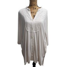 DKNY White Lace Bib Button Down Tunic Dress Boho Cottagecore Long Sleeve Size L - $15.88