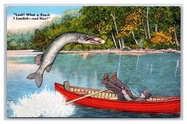 Comic Exaggeration Fisherman Look What A Peach I Landed UNP  Linen Postcard U15 - $3.51