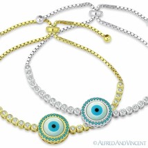 Evil Eye Pearl &amp; CZ Crystal Nazar Luck Charm .925 Sterling Silver Bolo Bracelet - £40.27 GBP