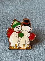 Vintage Small White Green &amp; Red Enamel Male &amp; Female Snowman Hat Lapel Pin or  - £7.46 GBP