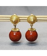 Vintage Gold-tone Dangle Clip-on Earrings Orange Marbled Bead Costume Je... - £19.55 GBP