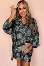Black Floral Print Lapel Collar Loose Shirt Mini Dress - $18.22